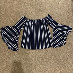 Express Off-the-shoulder Navy & White Striped Top Bell sleeves,  Woman’s Medium